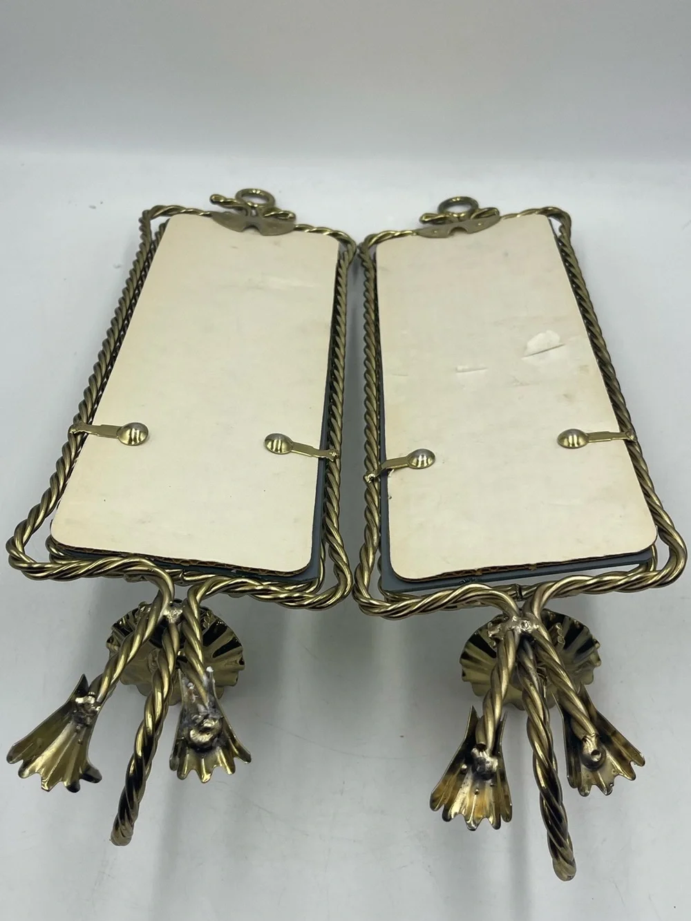 2 Mid Century Hollywood Regency Brass Rope & Tassel Mirrored Candle Wall Sconces